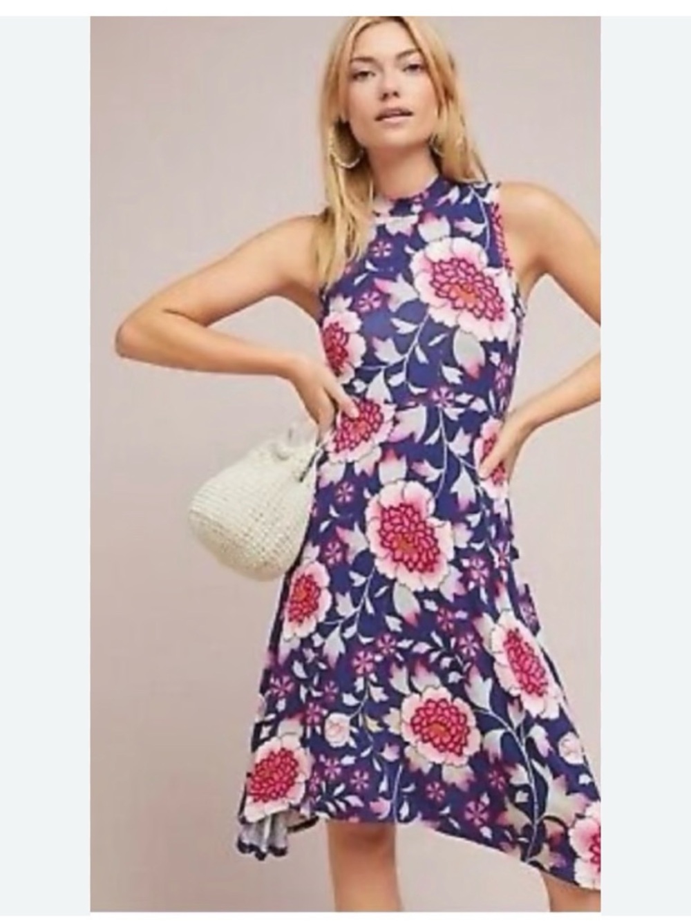 Anthropologie Purple Floral Midi Dress with Pink Blooms
